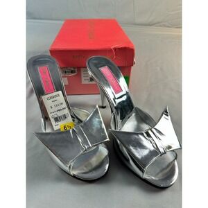 Betsey Johnson Women Heels Mule Sandals Size 6.5 Silver Bow Party Glam Y2K